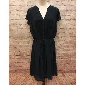 H&M Womens XL Dark Teal Crepe Chiffon Flutter Sleeve Dress PinTucked Tie Waist